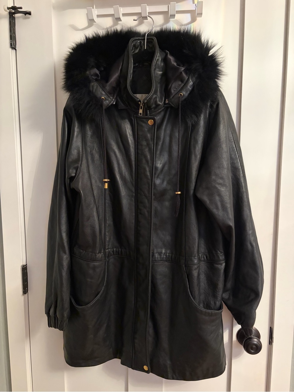 Worthington Black Leather Hooded Coat with Fur Trim